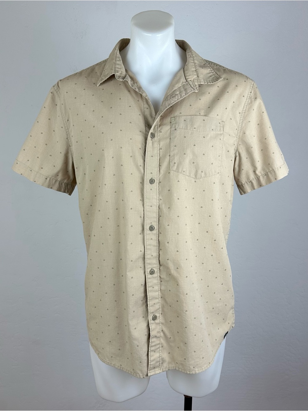 Prana Men's Short-Sleeve Button-Up Shirt in Beige with Micro Dot Print